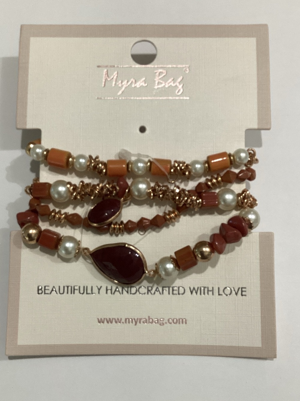 Myra Bag Rust and Pearl Layered Bracelet Set with Gold Accents